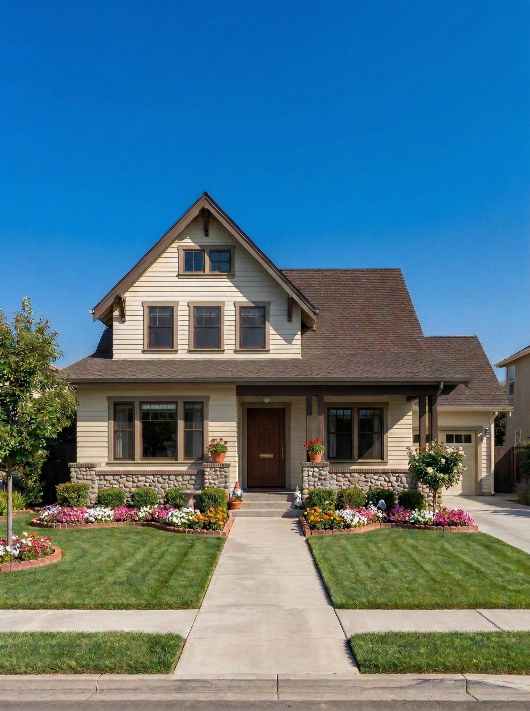 Modern suburban craftsman house exterior at dusk